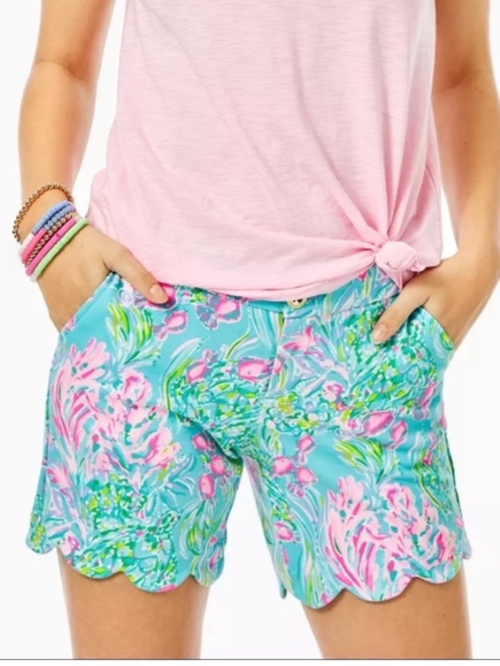 Lilly Pulitzer Darci Knit Shorts Amalfi Blue Best Fishes Design Scalloped Hem